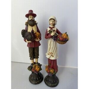 Vintage Thanksgiving Pilgrim Couple Figurine Statues Autumn Decor Turkey Resin
